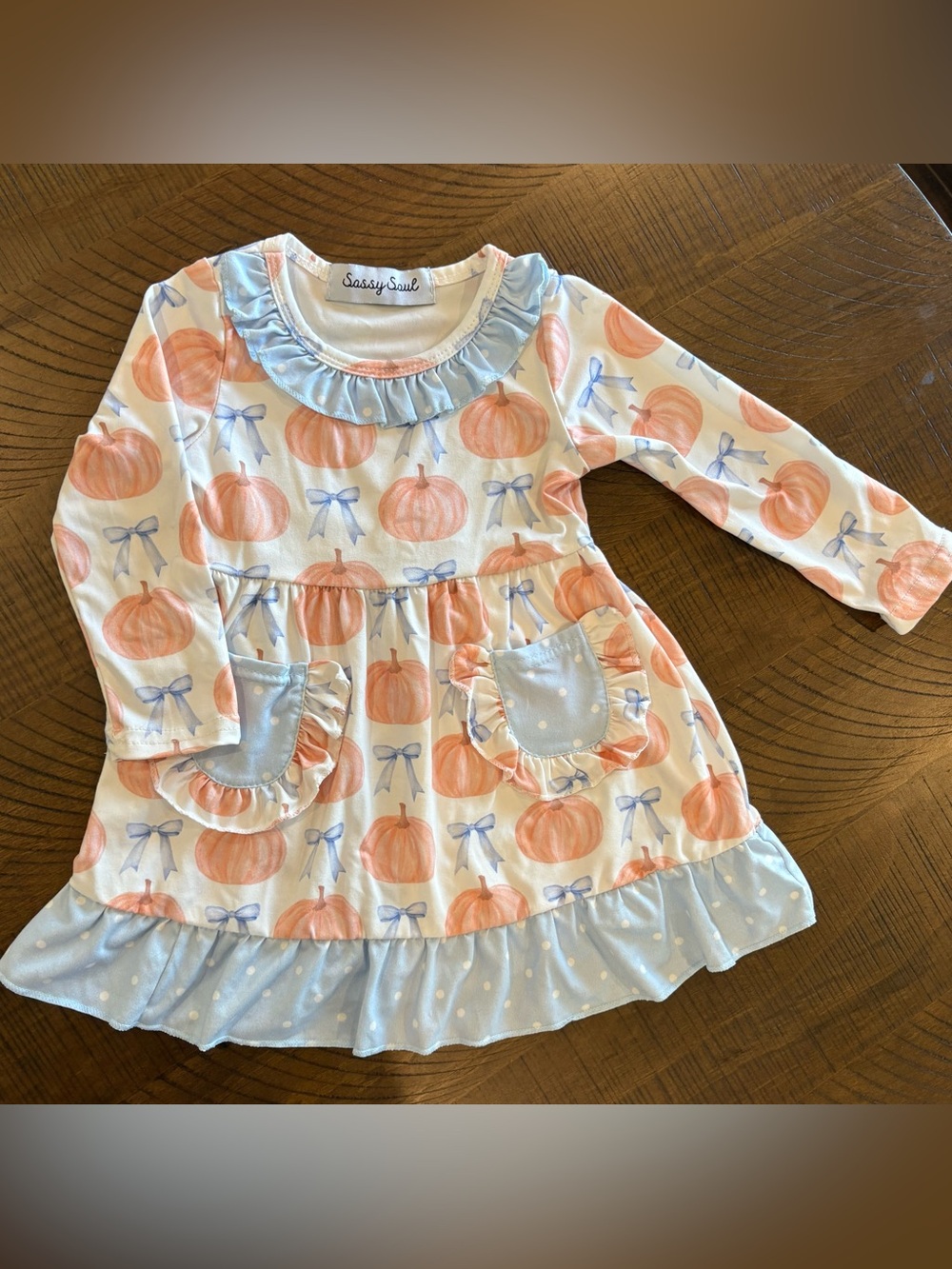 Orange Pumpkin Blue Bow Long Sleeve Ruffled Soft Dress